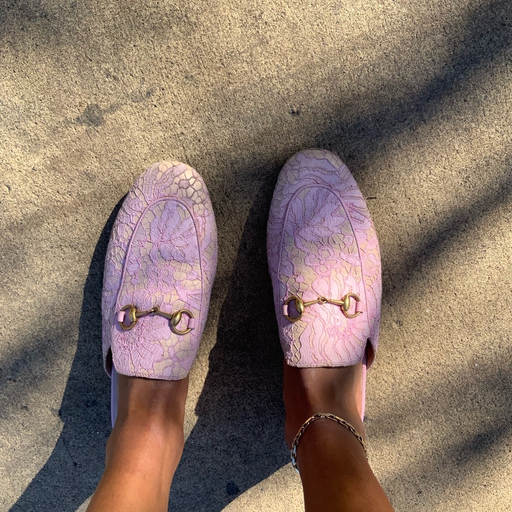 Pre Owned Gucci Mules Sz 39 Pink Lace Overlay Shoe